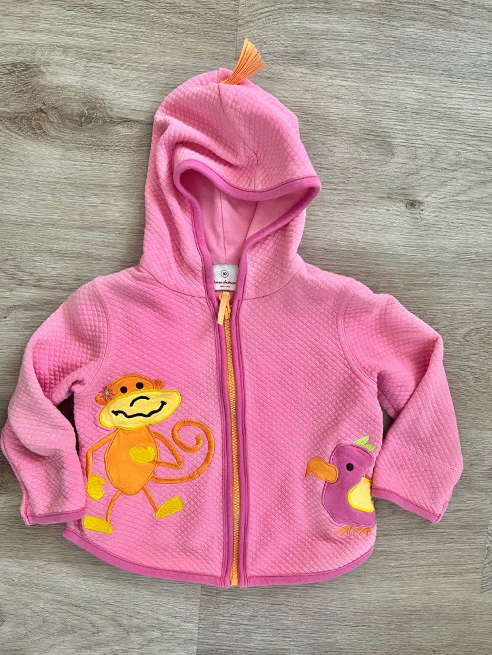 Hanna Andersson Monkey Bird Quilted Hoodie size 80 18-24 Months FLAWED